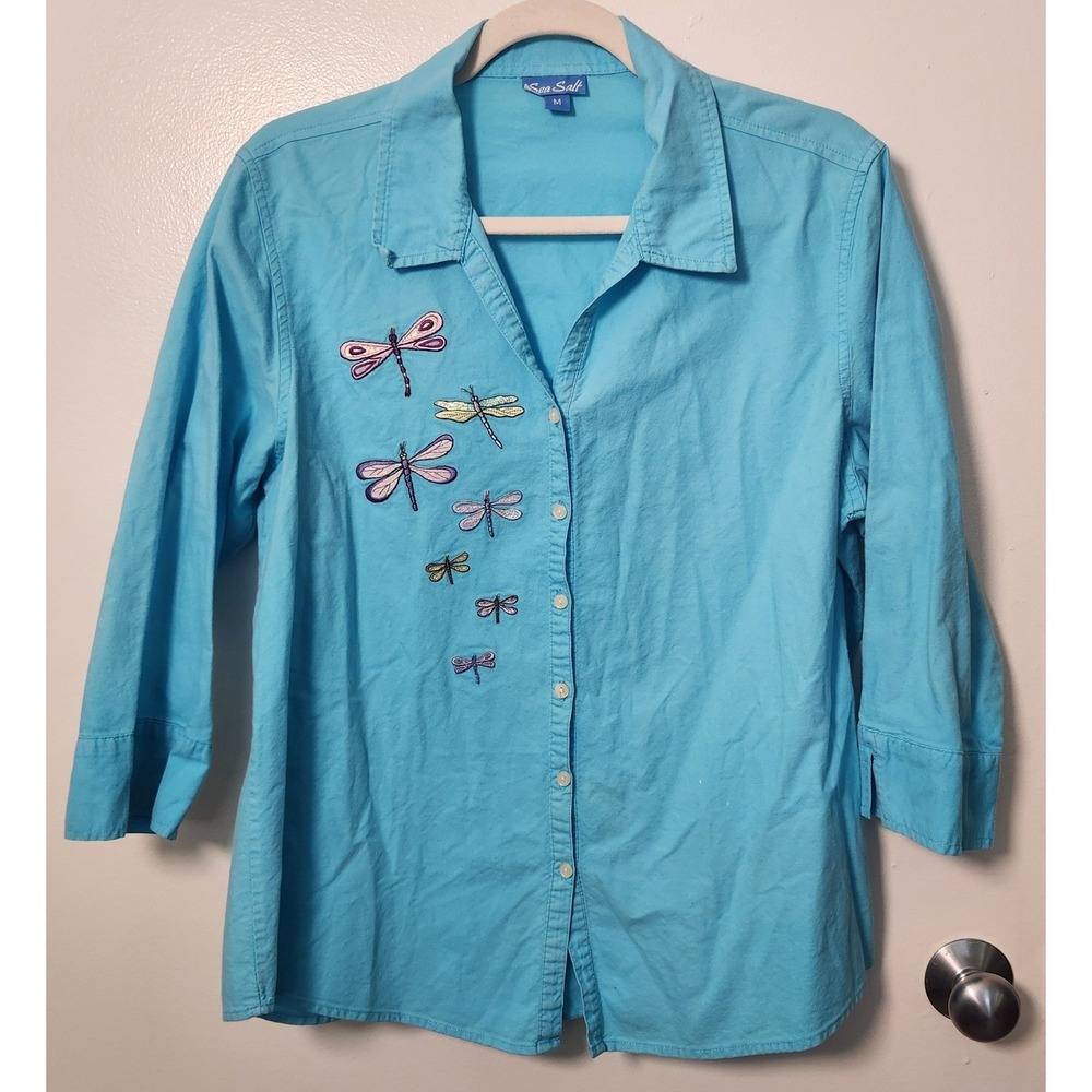 Sea Salt Women's Blue Med 3/4 Sleeve Button Down Butterfly Embroidered Appliques